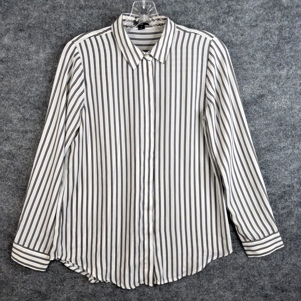 Ann Taylor Factory Petite Blouse SP Black White Striped Button Front Top
